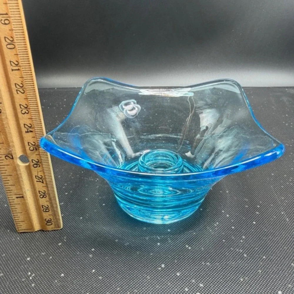 Mid Century Art Glass Candle Holder‎ Square Flared Rim Ring Base 4 Inch Small